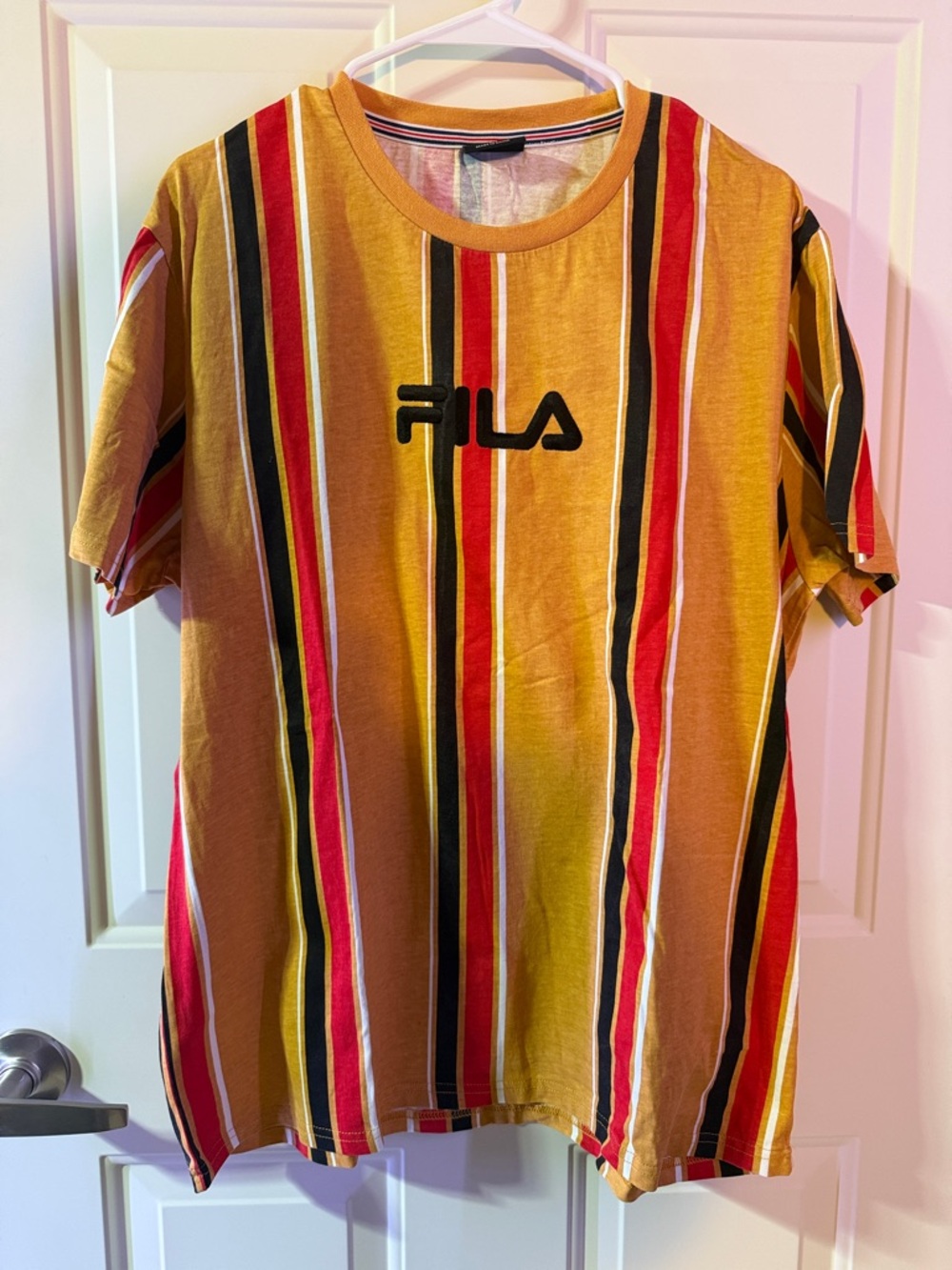 Fila Multicolor Vertical Stripe Tee in Mustard, Red & Black-Xl